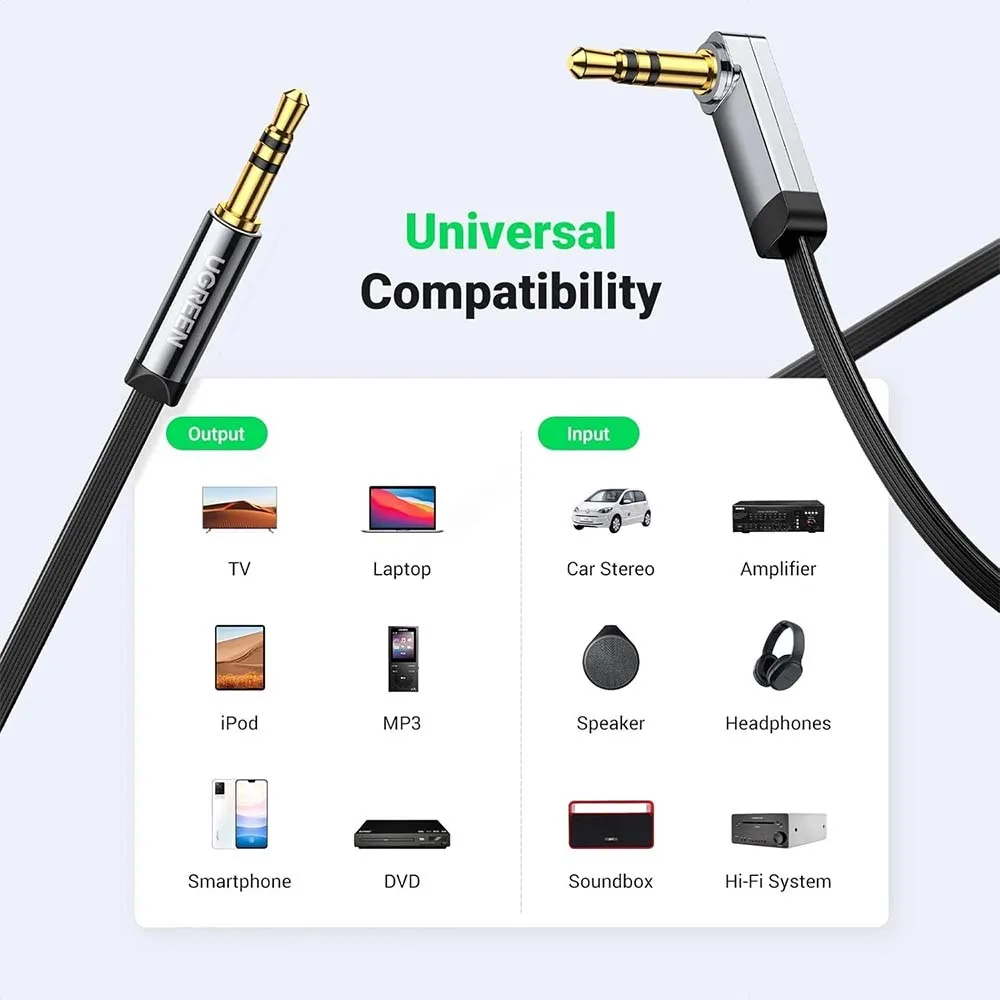 UGREEN 10598 AV119 3.5mm Male to 3.5mm Male Straight to angle flat Cable 1.5m (Black)