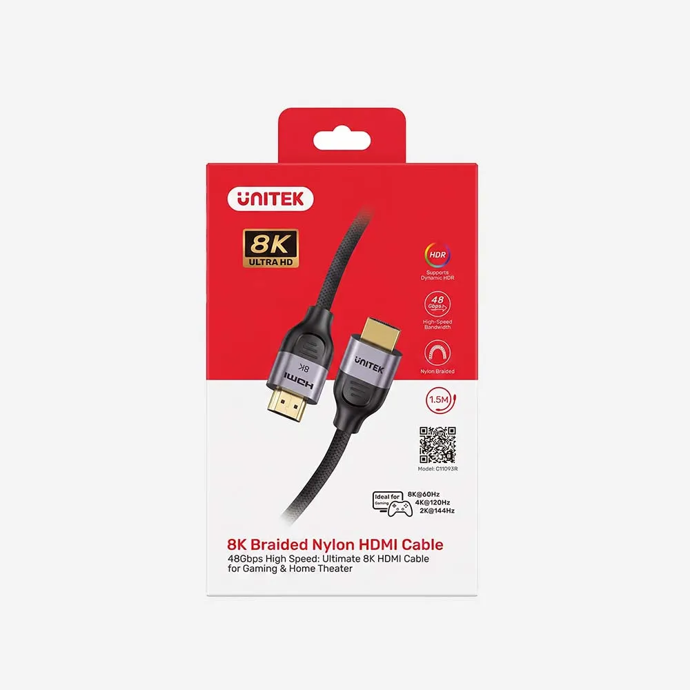 UNITEK C11093RGY01-1.5M 8K Braided Nylon HDMI Cable