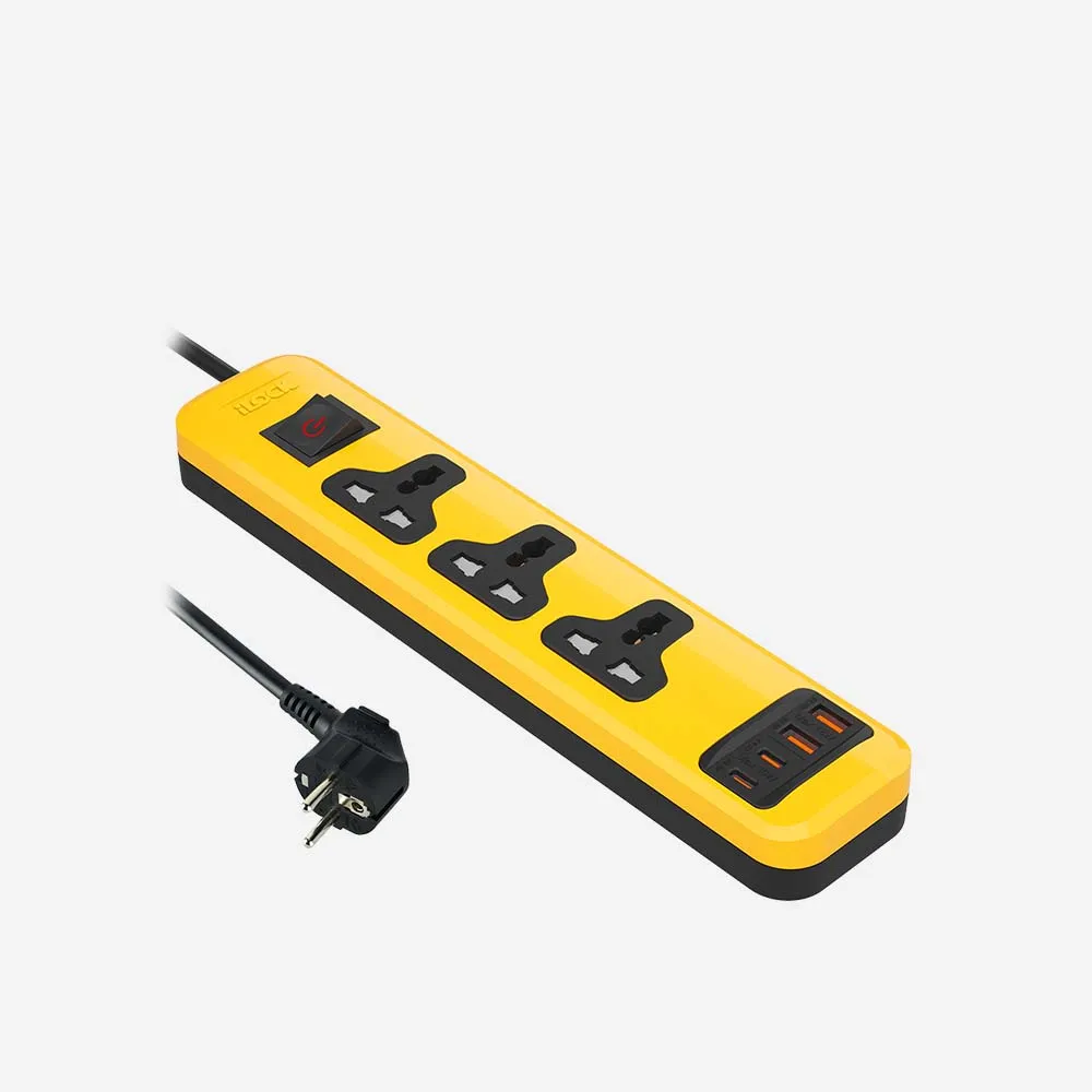 [5108] مشترك الكهرباء والفيش – iLOCK 5108 Power Strip 3 Universal Outlets 2USB-C 2USB-A Fast Charging 2m