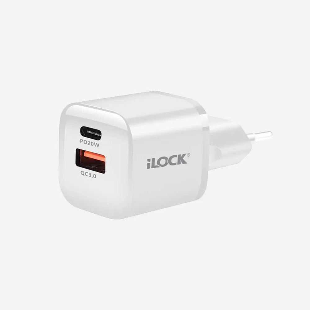 [5093] iLOCK 5093 Wall Fast Charger 20W Dual Port USB-A USB-C QC3.0