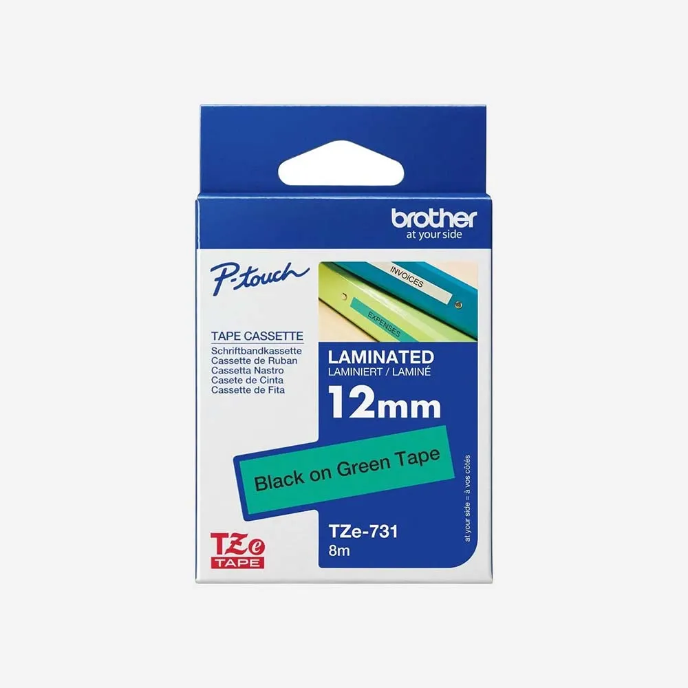 طابعات الباركود والملصقات – Ribbon Brother TZe-731 Tape-12mm Black On Green Org