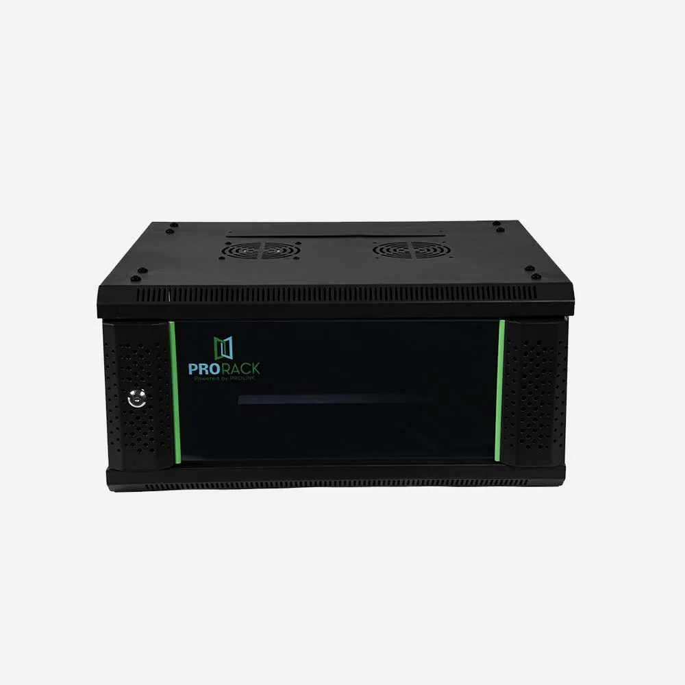 [PR-W6406] الرفوف والكبائن – ProRack 6U 600*450 Wall mount cabinet with glass door, 1 fan, 1 shelf and 1 PDU 6 outlet