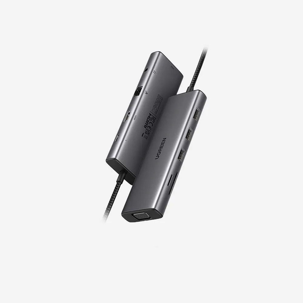 موزعات USB ومحطات التوصيل – UGREEN 15601 USB-C to 3xUSB3 A+HDMI+VGA+RJ45 Gigabit+SD/TF+AUX+PD-10 in 1